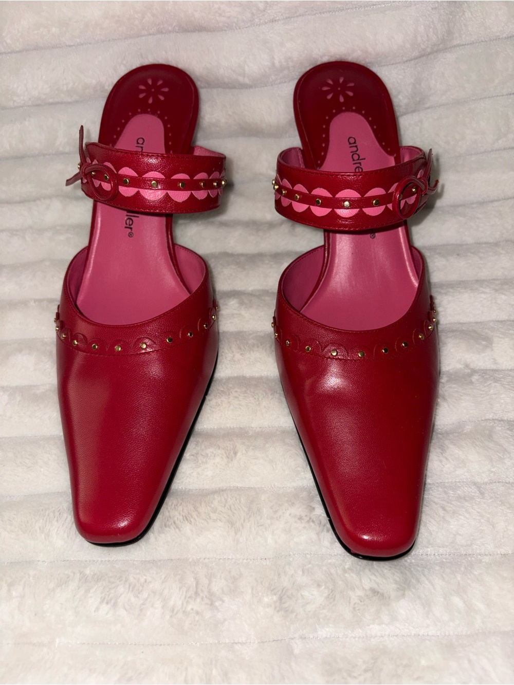 Andrew Geller Red Studded Leather Mules with Ankle Strap 8M